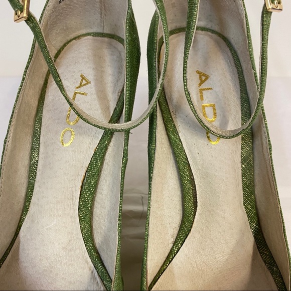 Aldo Green Gold Straw Wedge Ankle Strap Shoes - Picture 6 of 9